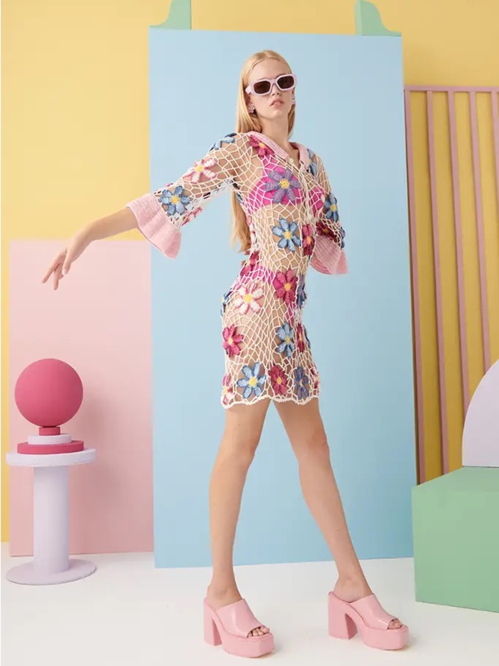 CeliaB Pink Multicolor Crochet Floral Mini Dress Iluka Coverup